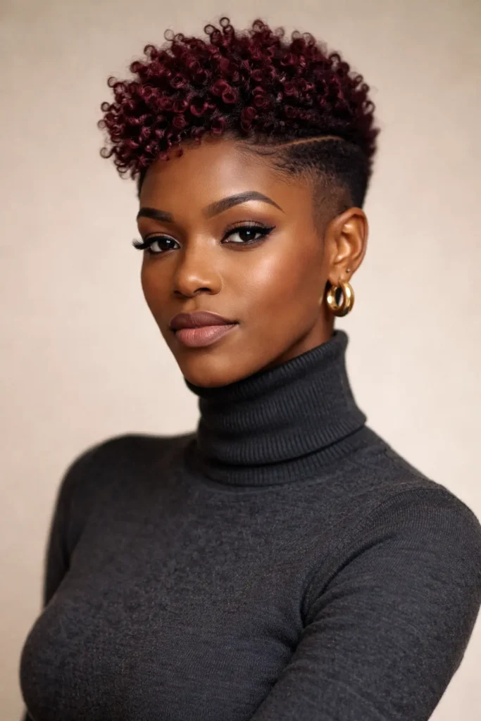 Woman with a short tapered natural haircut dyed deep burgundy red, featuring curly voluminous top and faded sides, wearing a charcoal grey turtleneck