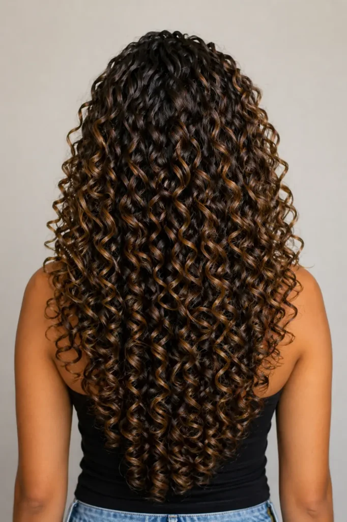 a young woman with long, defined spiral curls featuring tight, structured ringlets with natural volume and shine, enhanced by subtle dimensional highlights.