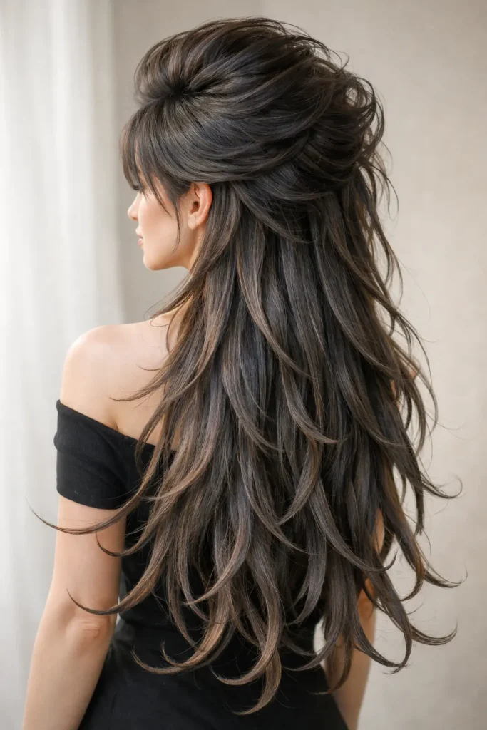 Woman with long octopus haircut featuring dramatic layered crown and flowing tentacle-like layers, styled with soft natural lighting and realistic textured movement