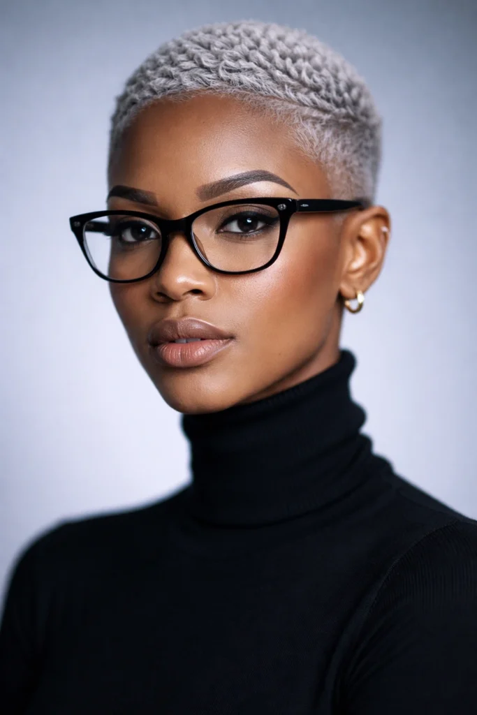 Woman with a short textured natural haircut dyed platinum silver, wearing black-framed glasses and a black turtleneck under cool, crisp lighting.