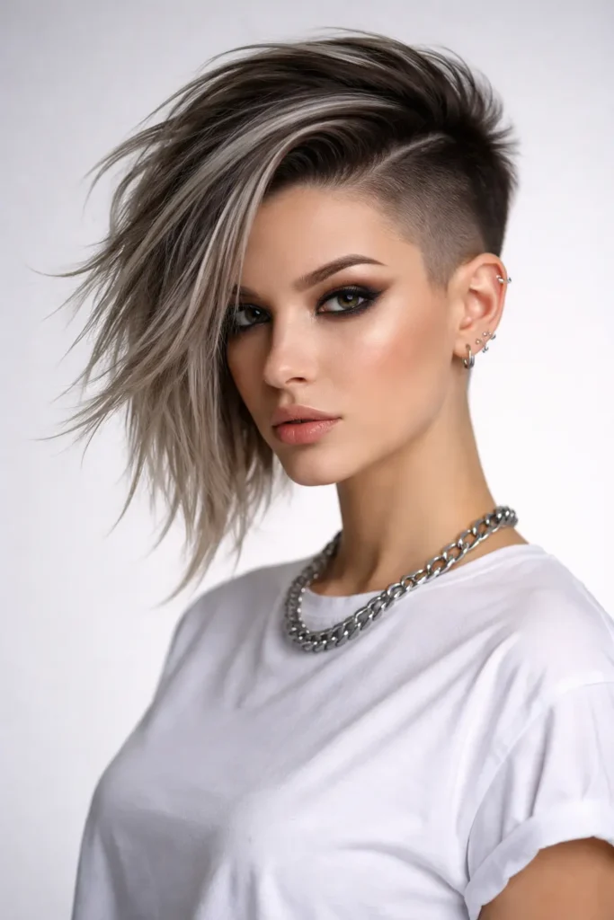 girl wearing white T-shirt has Asymmetrical Undercut 