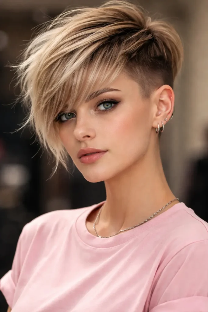 Undercut pixie haircut with long bangs, shaved sides, soft fringe, modern edgy hairstyle, pink t-shirt
