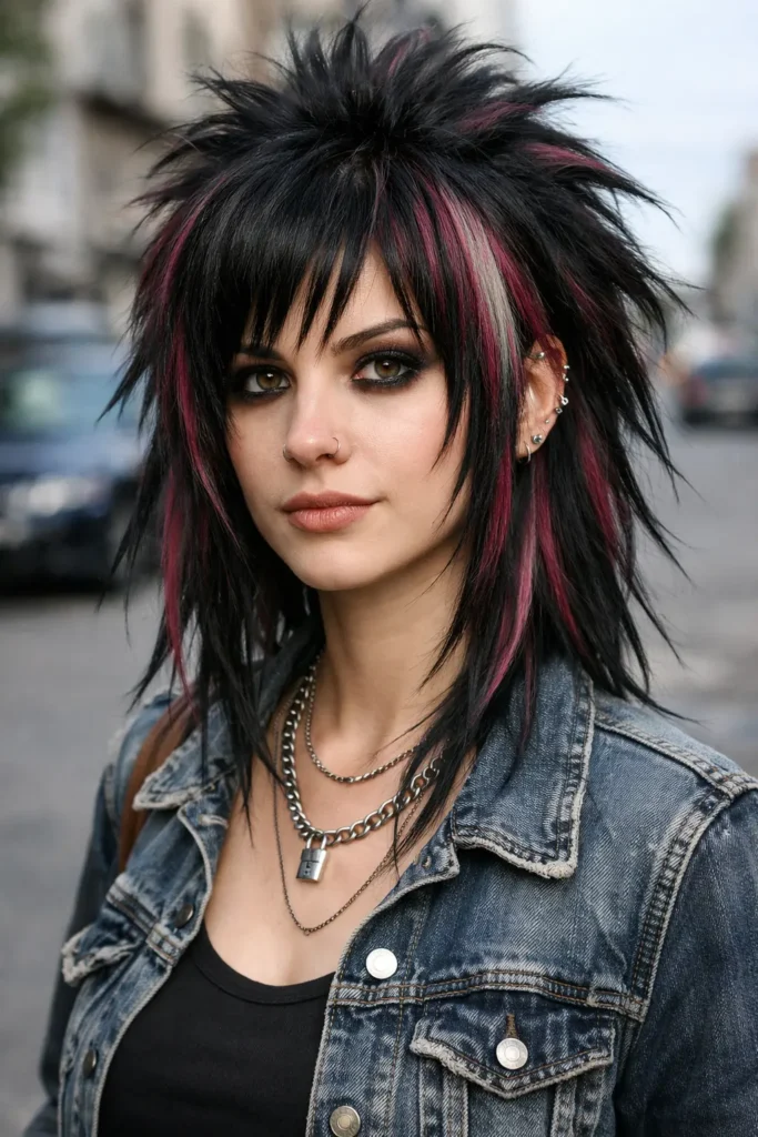 Edgy punk octopus haircut with sharp choppy layers, messy crown volume, and bold magenta highlights, styled in a casual look with realistic texture in a natural urban setting.