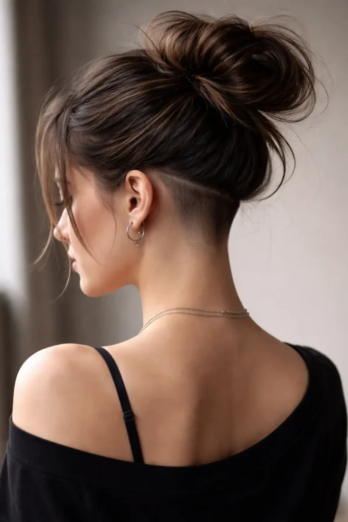 Female undercut bun hairstyle with shaved back and soft messy bun in natural lighting