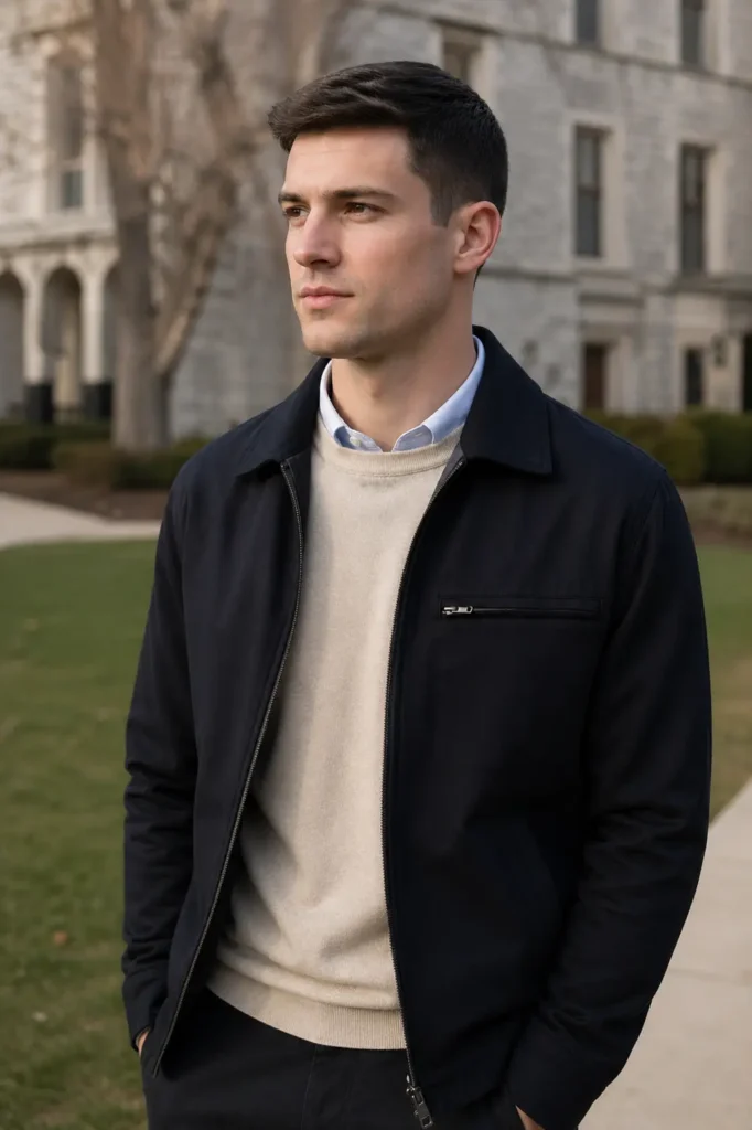 real man with an Ivy League haircut—short, neatly tapered sides and a slightly longer, naturally styled top—standing outdoors in soft daylight.