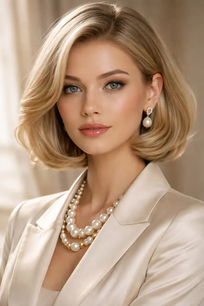 Elegant woman with a champagne blonde old money bob haircut, styled in soft waves with a glossy, luxurious finish. She wears a cream silk blazer and pearl jewelry, captured in natural lighting with high detail and realistic hair texture.