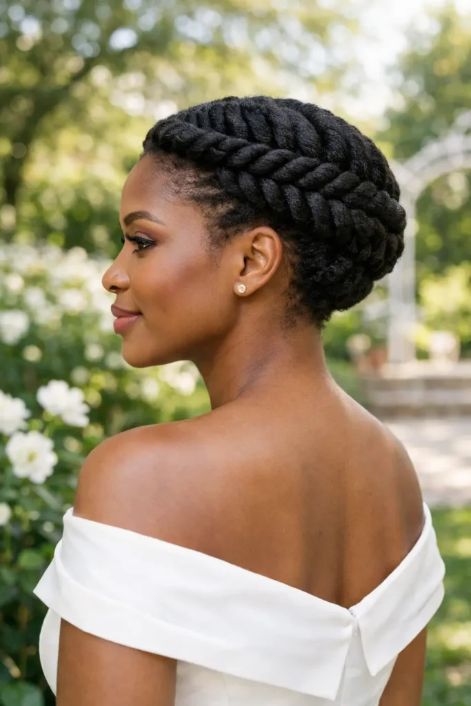 Woman with short natural hair styled in a neat circular flat-twist halo, wearing an off-the-shoulder white dress and gold stud earrings, standing in a bright outdoor garden.