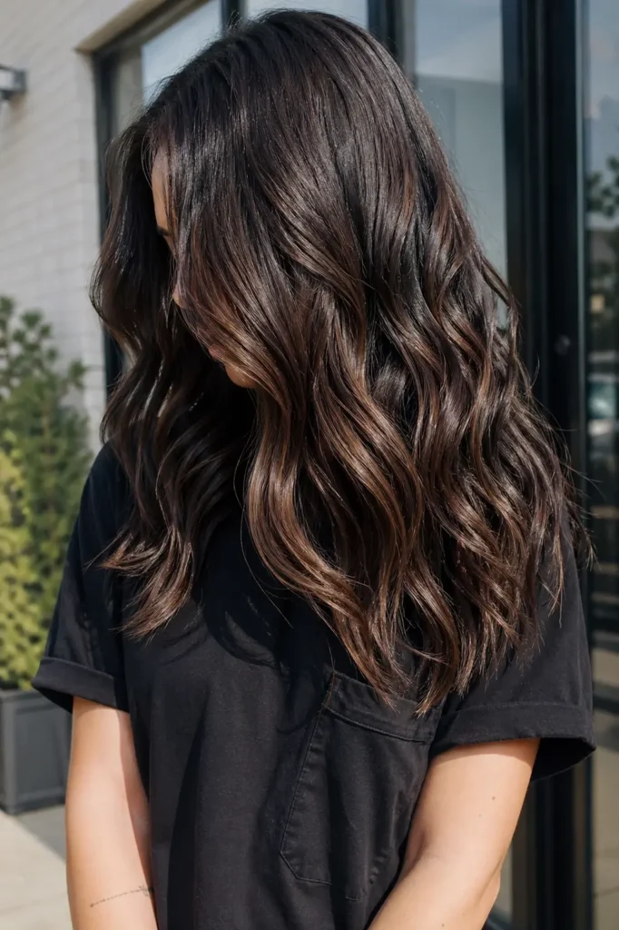Young woman outdoors in natural sunlight with long balayage espresso waves, featuring dark roots blending into mocha brown ends, glossy textured hair in soft loose waves