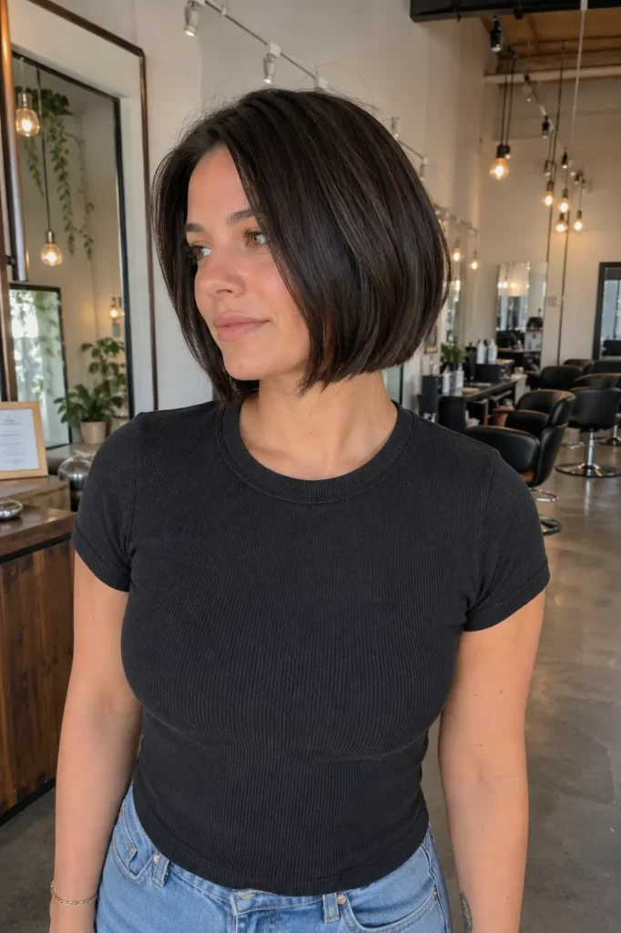  a young woman with a sleek chin-length espresso bob haircut, featuring dark chocolate shine and detailed hair texture, standing candidly in a modern salon with soft natural lighting and a relaxed, natural appearance.