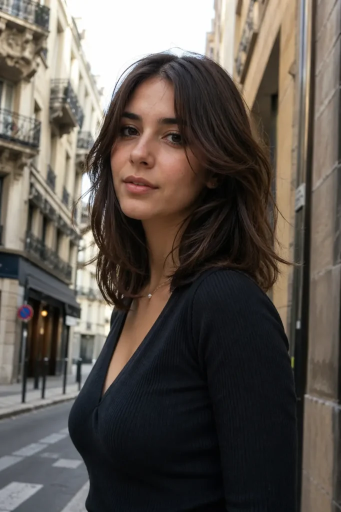 Young woman with a feathered long bob haircut and soft, airy layers, standing on a quiet street in natural daylight. Her hair has natural movement, gently framing her face