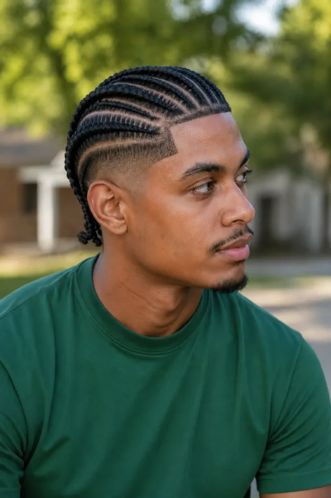 a man with feed-in braids and a burst fade haircut, featuring gradually thicker braids from the hairline toward the back, clean rounded fade around the ears, and precise visible scalp detailing