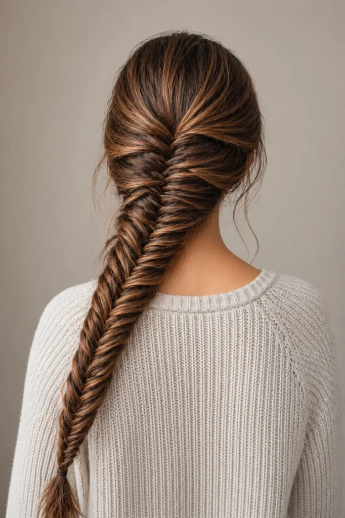 Back view of a young woman with a detailed fishtail braid draped over one shoulder, showcasing intricate weaving and dimensional brown highlights, set against a soft neutral background with gentle lighting.