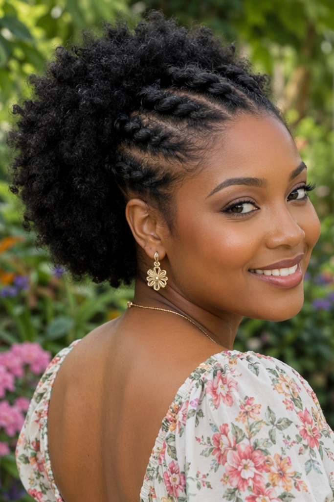a women wearing printed dress has Flat-Twist Front with Afro Back standing in garden 