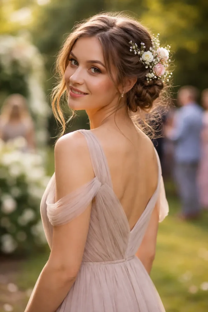 A young woman with a slightly messy braided updo adorned with fresh flowers stands at an outdoor garden wedding, wearing a soft, flowy bridesmaid dress, with greenery and guests blurred in the background under warm natural sunlight.