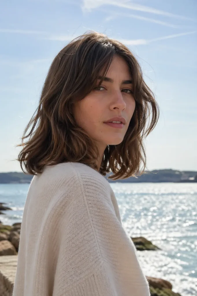 Young woman with French long bob hairstyle and soft waves at seaside in natural daylight portrait