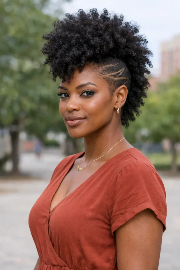 Woman with bold natural frohawk, curly top, shaved sides with line design, wearing a casual dress outdoors.