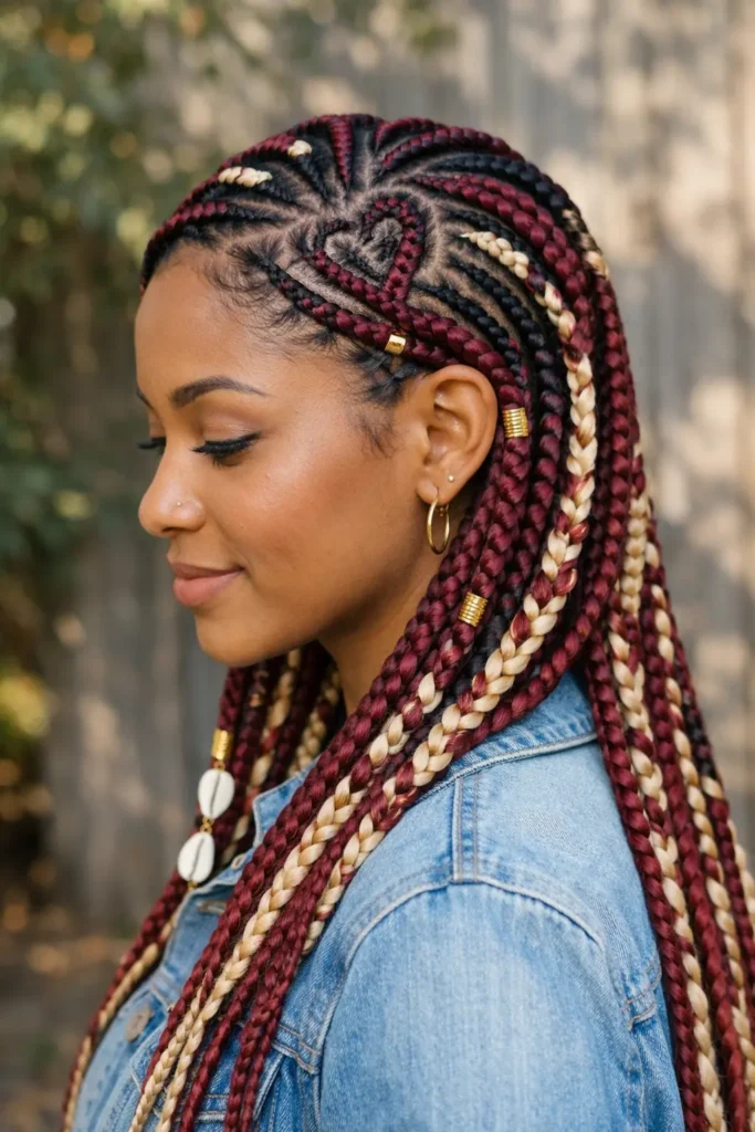 a young woman with Fulani braids featuring a stylish heart-shaped cornrow design on the top of her head. The braids are a mix of burgundy and blonde extensions, neatly woven and adorned with gold cuffs and beads.