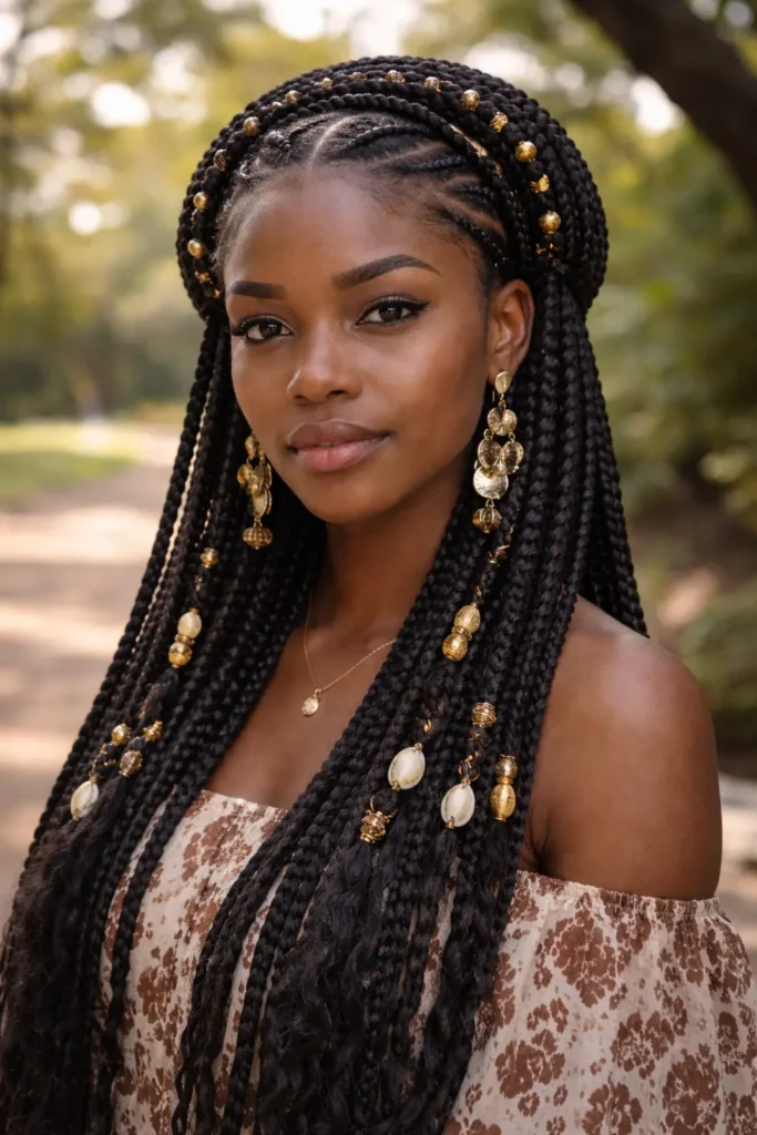 a normal young woman with Fulani braids styled in a circular crown halo pattern, long braided extensions with beads, natural outdoor lighting, and a calm expression.