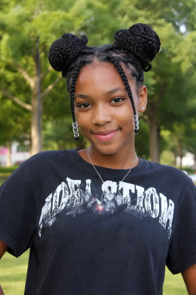 A smiling young girl outdoors in a park, wearing a black graphic T-shirt, with her hair styled in two braided buns and long braids decorated with clear beads, softly lit by natural daylight.