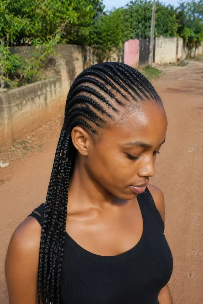 a young woman with feed-in Fulani braids featuring a seamless cornrow-to-braid transition, styled with a sleek natural finish, standing on a sunlit dirt road in natural light.