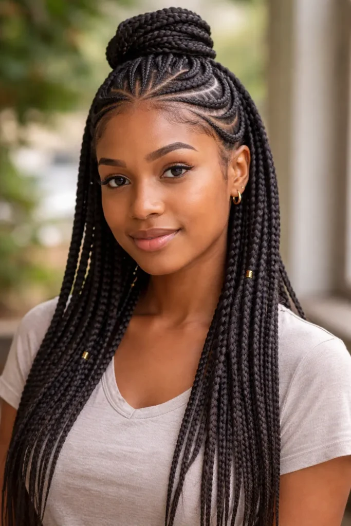a young woman wearing Fulani braids styled in a half-up, half-down look. The top section is gathered into a neatly braided bun, while long, thin braids fall over her shoulders.