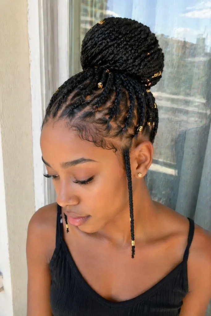 Elegant Fulani braids styled into a high bun with a neat cornrow base, adorned with gold hair cuffs, captured in soft natural window light—realistic close-up portrait of a woman with smooth skin and minimal makeup.