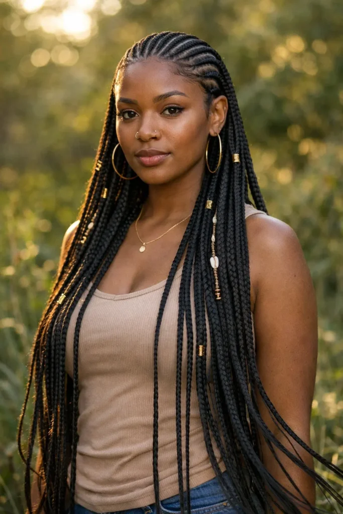  girl outdoors with ultra-long waist-length Fulani braids featuring sleek cornrows and a unique center-part pattern, dramatic flowing braids, natural lighting, and a casual realistic look.