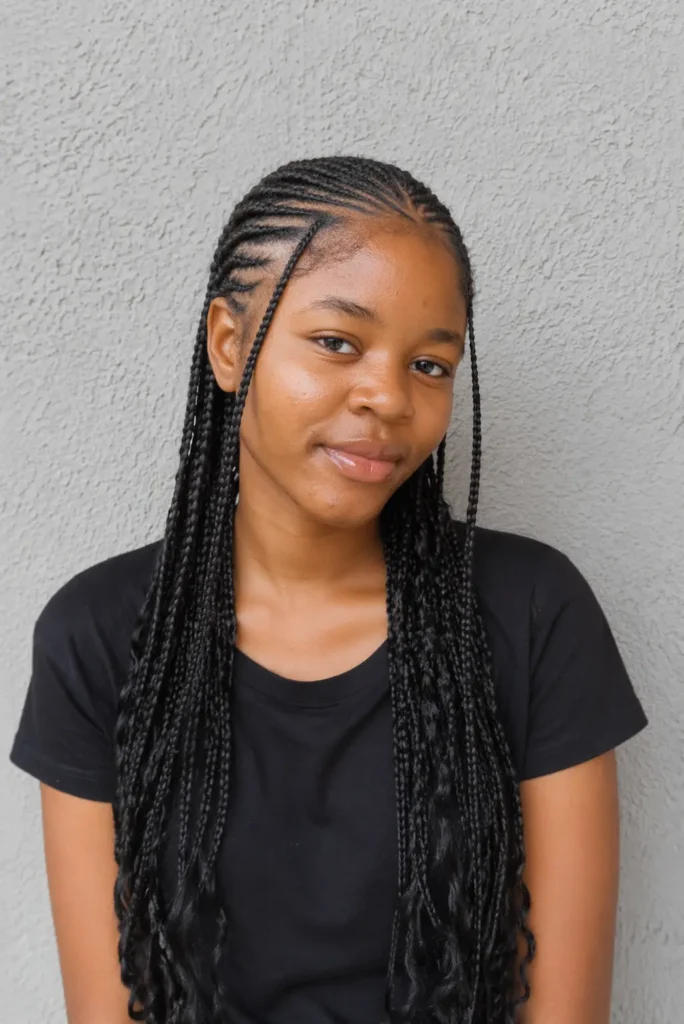 young woman standing against a neutral textured wall, wearing a black T-shirt. She has long minimalist Fulani braids with neat thin cornrows close to the scalp, with braided strands falling evenly on both sides of her face