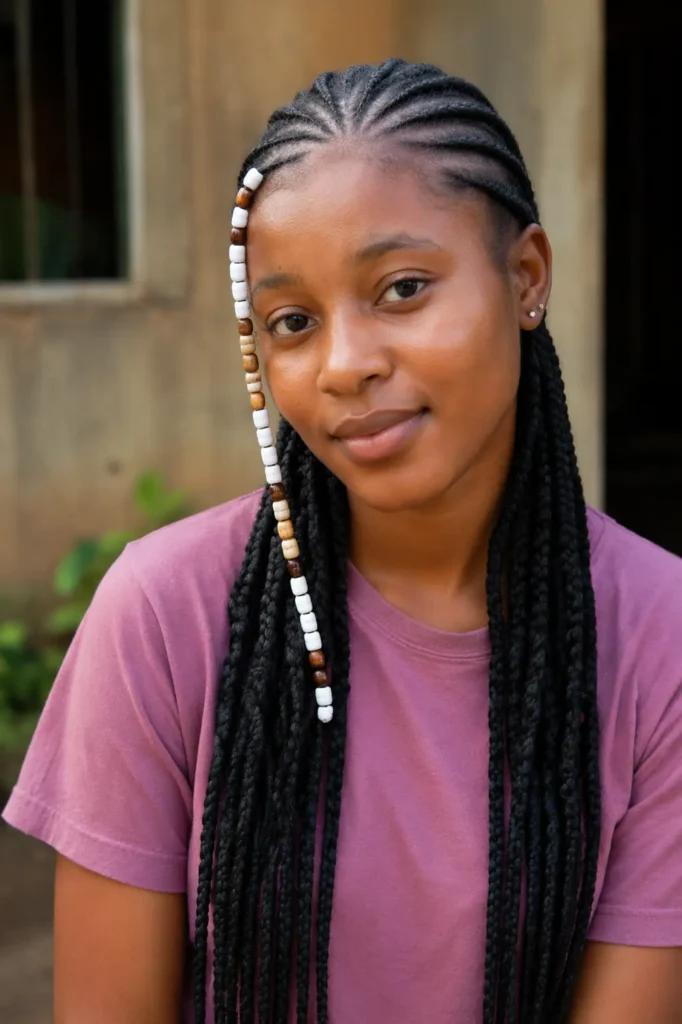 Realistic outdoor portrait of a young Black woman wearing Fulani braids with neat cornrows and asymmetrical white and brown bead accents on one side, dressed in a mauve T-shirt
