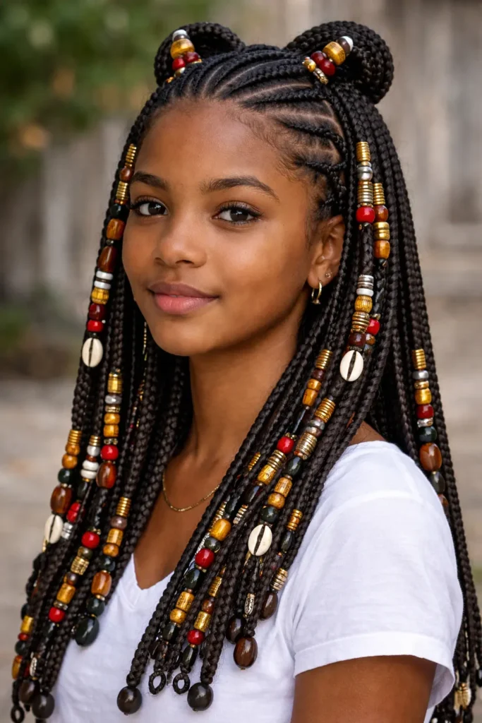 a young African woman wearing a white shirt, featuring an intricate braided hairstyle with a sleek cornrow base. Her long Fulani-style braids are decorated with colorful beads