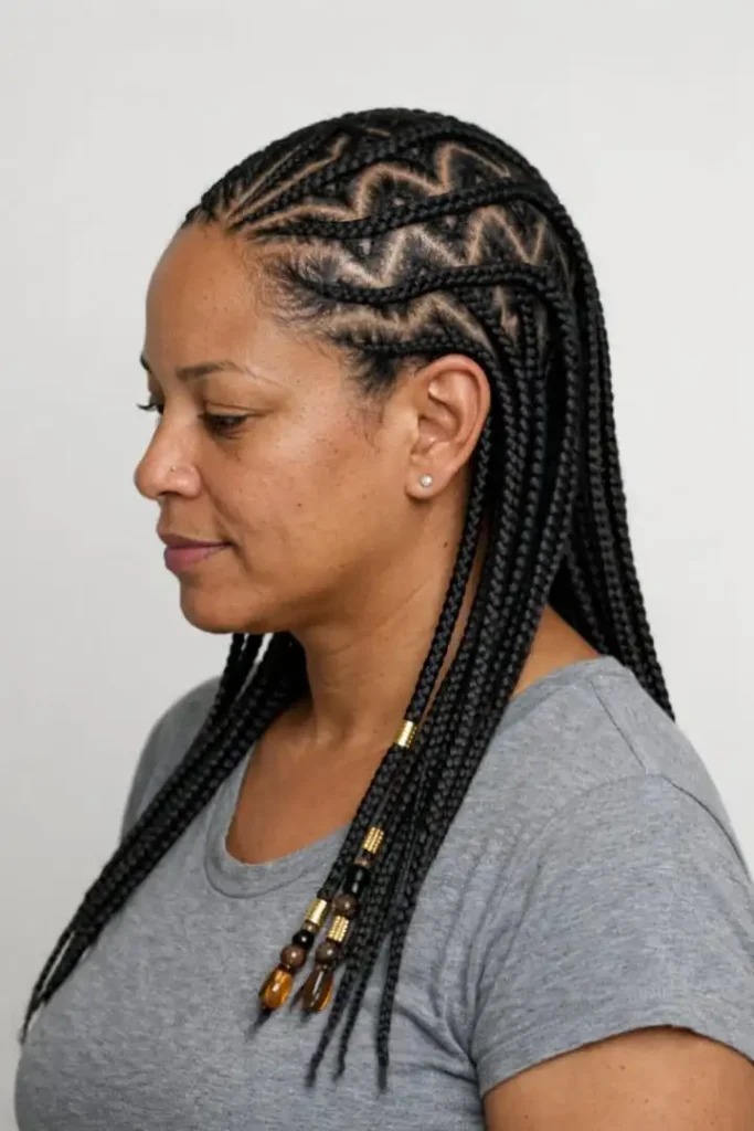 wearing intricate Fulani braids with zigzag cornrow patterns. The braids are neatly parted with slight natural imperfections and extend into long, flowing plaits adorned with a few subtle beads. She wears a simple gray top, and her skin shows natural texture and pores