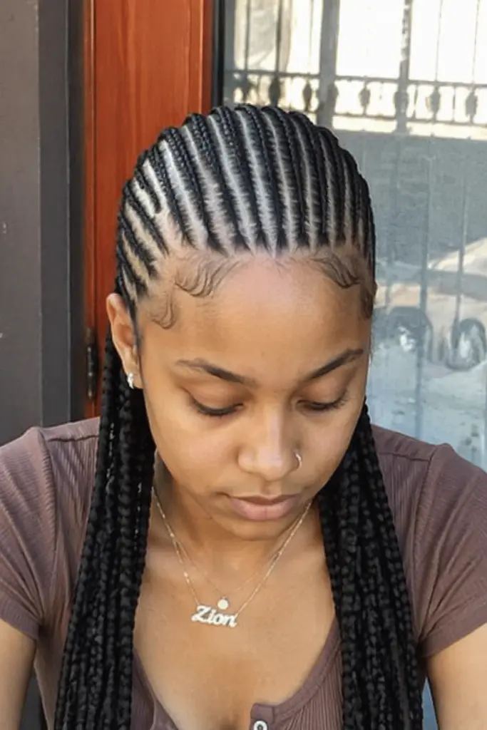 young woman with straight-back Fulani braids in a clean, symmetrical cornrow pattern, sitting by a window in soft natural light, wearing casual clothing and minimal accessories.