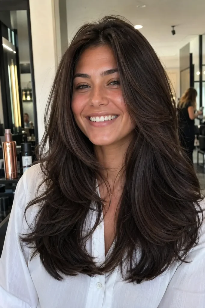 A smiling woman with long, voluminous dark chocolate-brown hair styled in a shiny layered blowout, standing in a modern salon. She wears a light-colored shirt