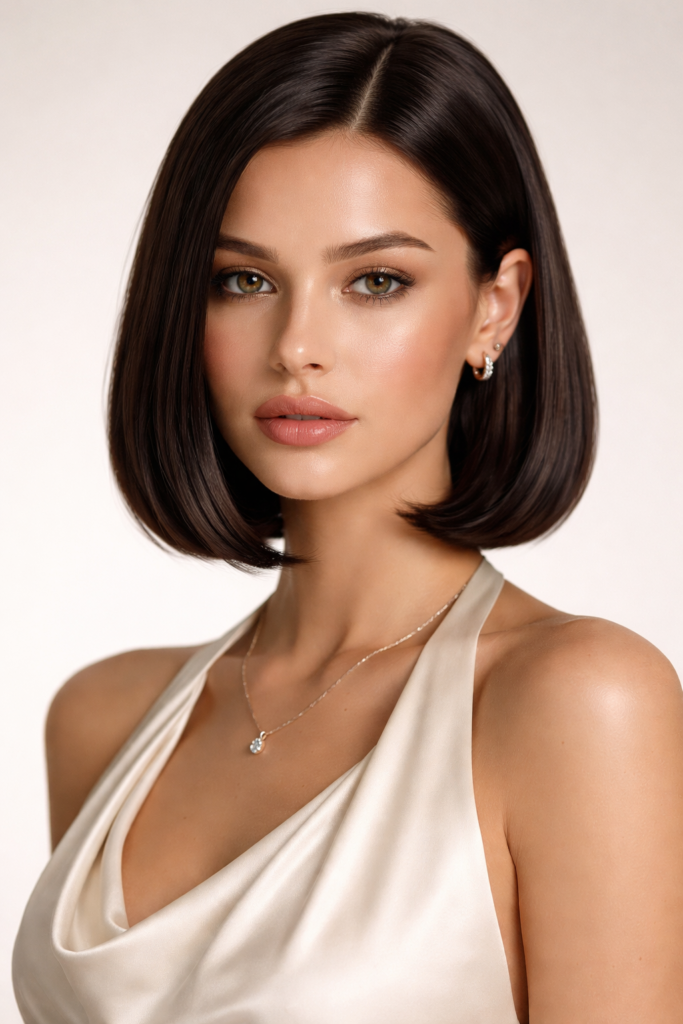 Elegant woman with sleek glossy bob haircut, straight silky hair, luxury minimal style, studio portrait, sophisticated beauty, high-detail realistic hair texture