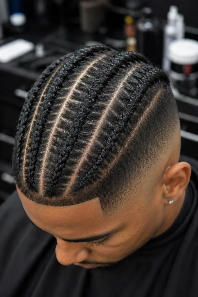 Top-focused ultra-realistic image of a half-head braided hairstyle with tight, clean cornrows concentrated on the crown, precise visible scalp parting, and a sharp low fade on the sides creating strong contrast between the braided top and smooth faded lower section;