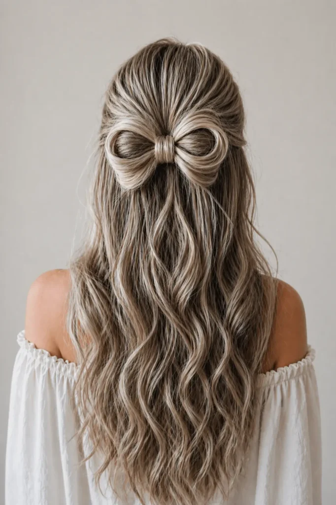 Back view of a woman with long, wavy ash-blonde hair styled into a neat half-up bow, with soft flowing waves cascading down her back, wearing an off-shoulder white blouse against a neutral background.