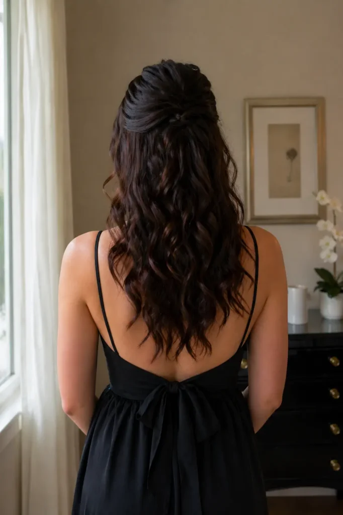 Back view of a real everyday girl with half-up half-down soft curls, wearing a simple black prom dress, standing indoors in natural window light with realistic hair texture and a candid portrait style.