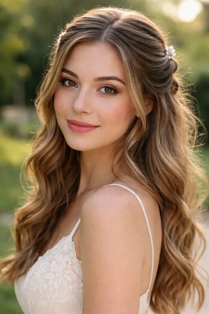 Young woman with a half-up twisted hairstyle and loose flowing waves, soft romantic curls cascading over her shoulders. She wears a subtle pearl hair clip and natural wedding makeup, standing outdoors in soft daylight with realistic skin texture and a candid, warm expression