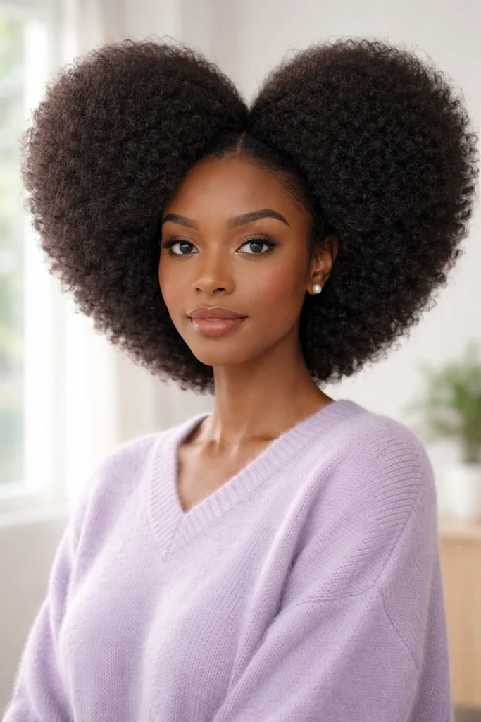 a woman with a thick, dark, heart-shaped natural afro hairstyle, wearing a pastel lavender sweater and pearl earrings, in a softly lit minimalist indoor setting.