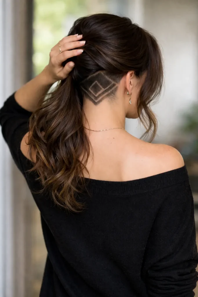 hidden nape undercut of long layered hair with shaved nape design 