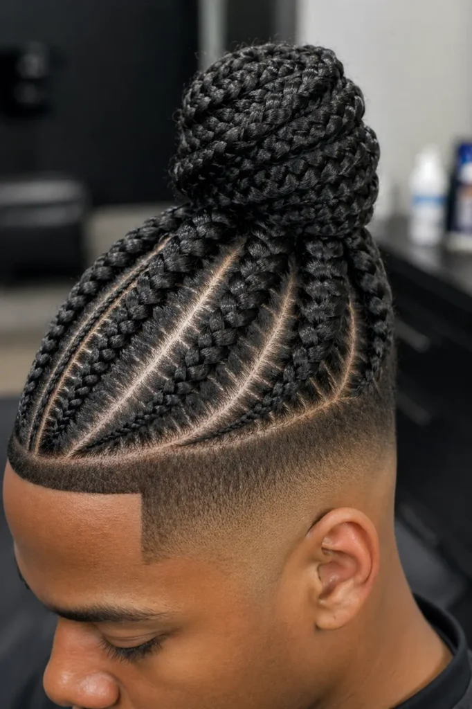ultra-realistic image of a high top braided hairstyle with a sharp skin fade. The top features tight, neatly parted braid rows forming an elevated crown with strong structure and volume, gathered into a compact bun.