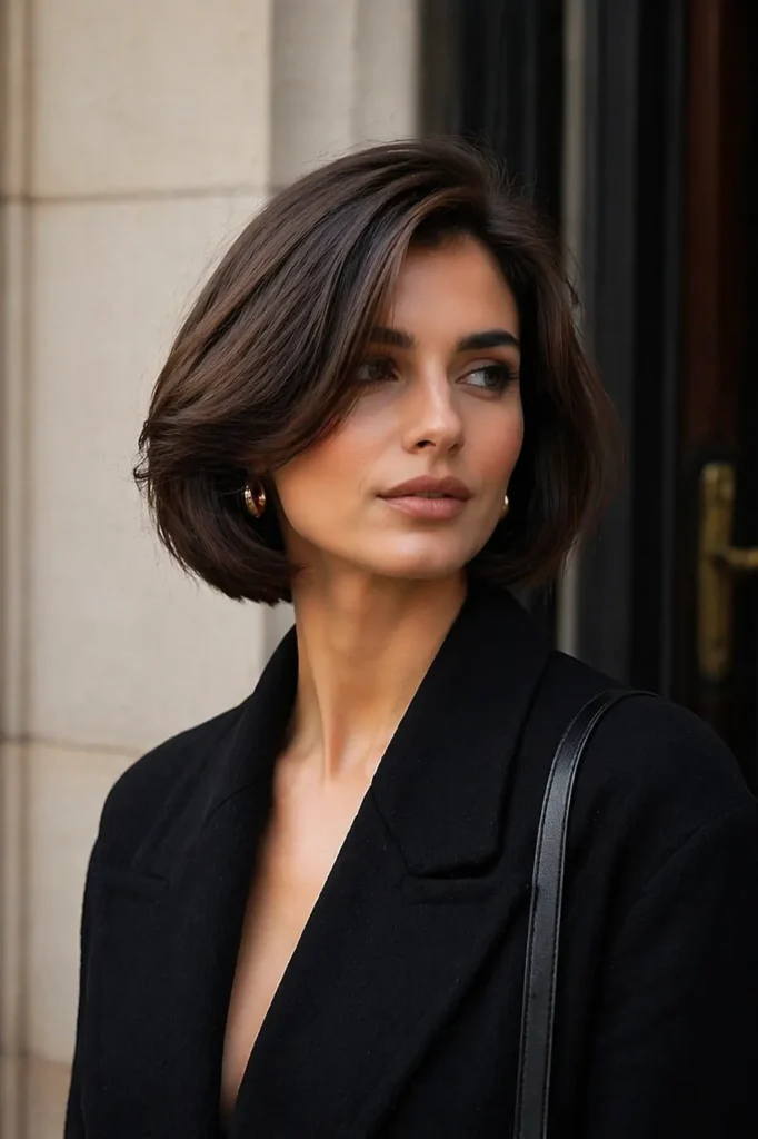Italian old money bob haircut with soft volume blowout, glossy brunette hair, elegant European style