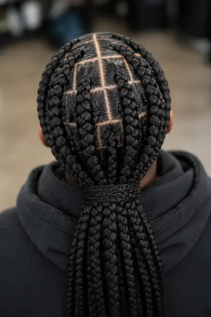 real man with jumbo box braids tied into a low ponytail, featuring thick, bold braid sections and clean square scalp parting; detailed braid texture with natural weight
