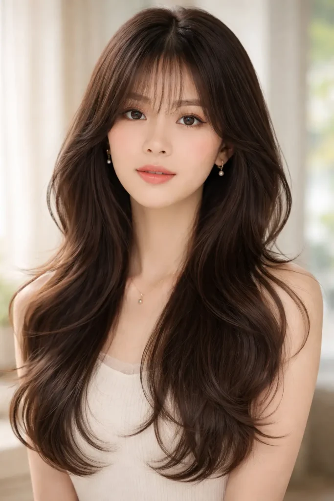 Elegant Korean-style octopus haircut with a softly layered crown, long smooth flowing layers, and airy face-framing bangs, styled in natural lighting with high-detail realistic hair texture.