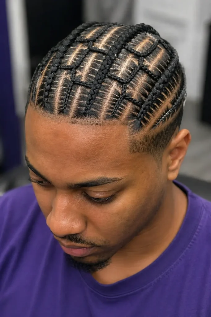 a man with precise ladder stitch braids, parallel cornrow rows connected by clean cross sections forming a geometric ladder pattern, sharp parting lines with visible scalp detail,