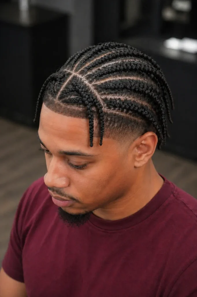 a man with layered braids in varying lengths and a clean taper fade, showcasing precise scalp parting and strong depth; he wears a maroon shirt and looks downward with a natural,