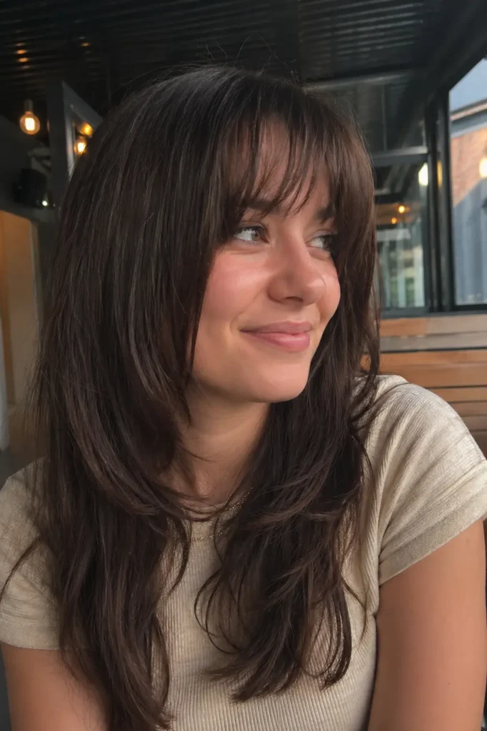 a young woman with layered dark chocolate-brown hair and soft fringe bangs, wearing a light beige shirt. She is seated in a softly lit café with an industrial-style interior,