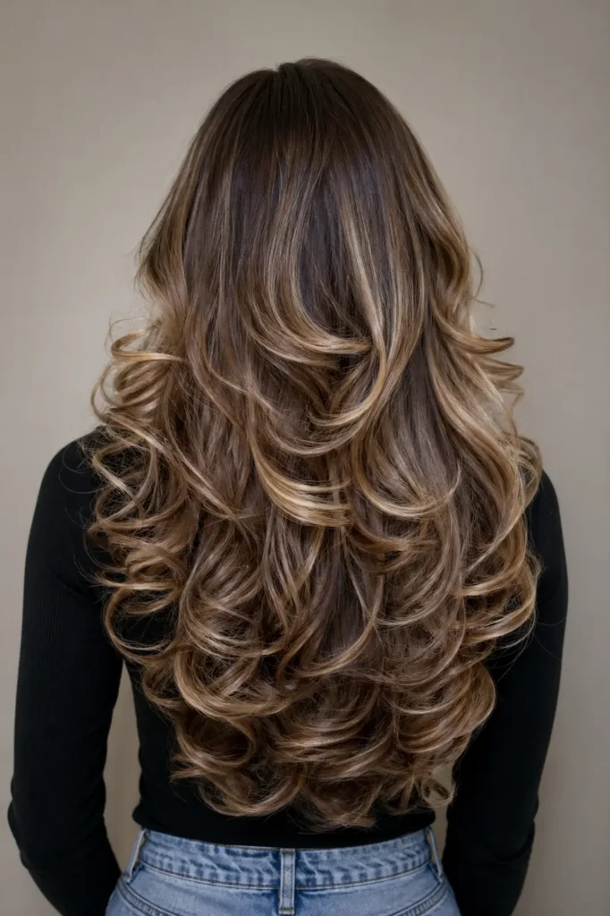 Back view of a woman with long, layered glamorous curls featuring voluminous, bouncy texture and soft flowing layers, enhanced with light dimensional highlights