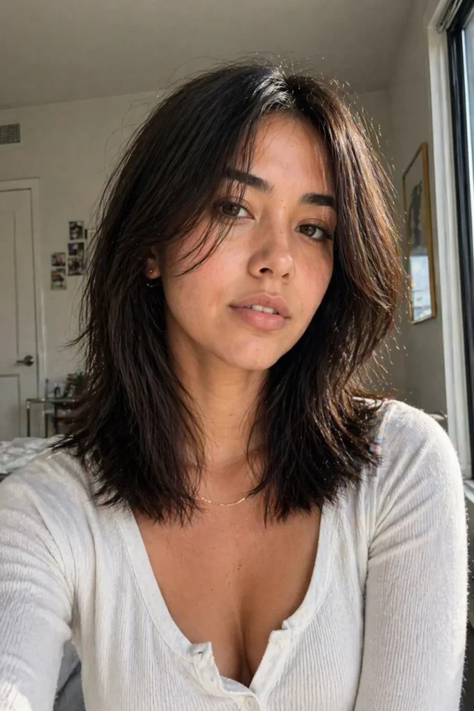 A realistic candid portrait of a young woman with a layered long bob haircut and soft, blended layers, sitting near a window in natural daylight