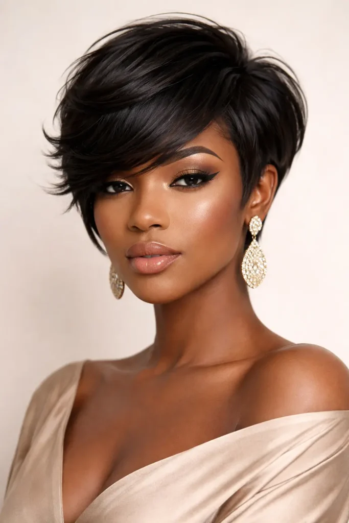 modern dress and nice makeup wearing beautiful earrings has Layered Pixie with Side-Swept Bangs haircut